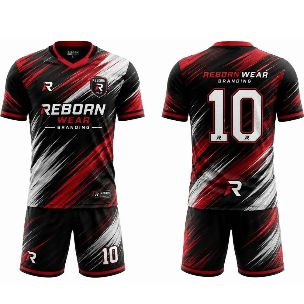 Red black abstract custom soccer jerseys by RebornWear