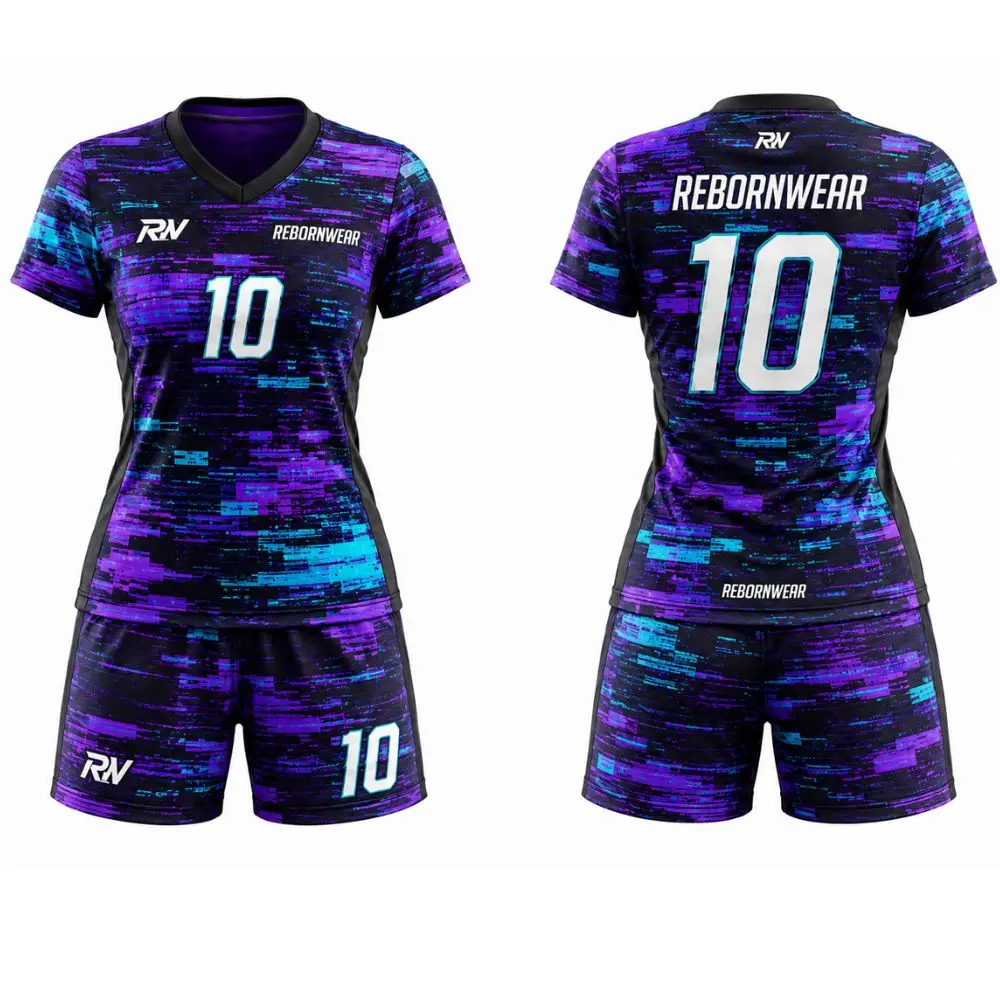 Purple glitch custom soccer uniforms for women by RebornWear