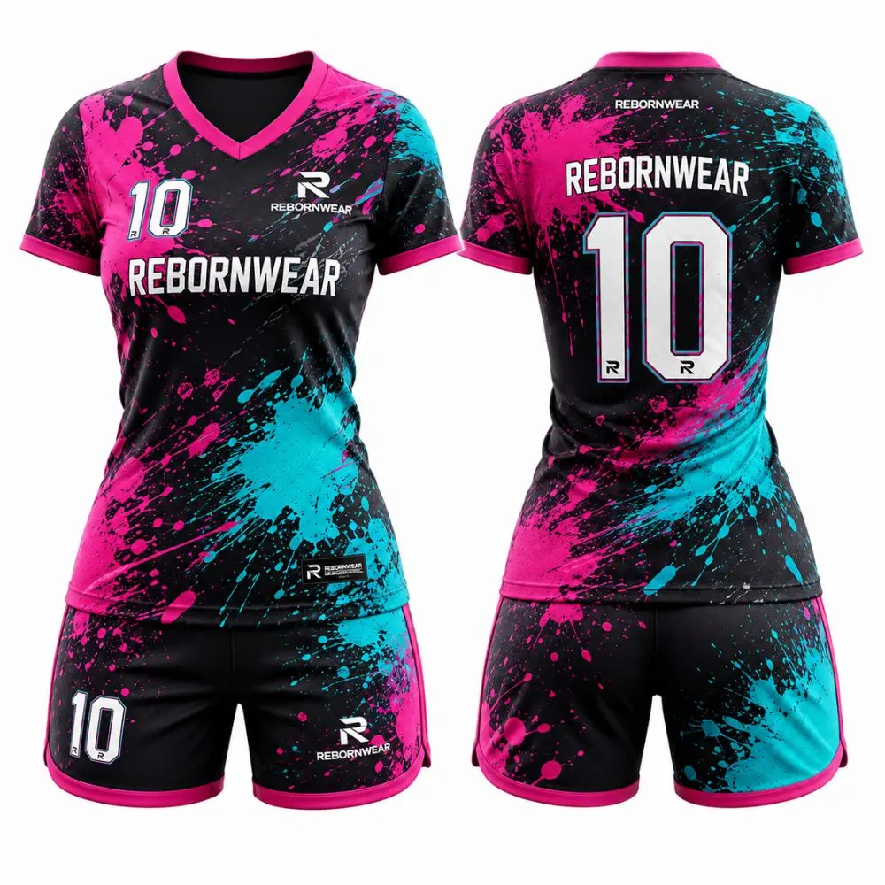 Magenta paint splatter custom women's soccer uniforms by RebornWear