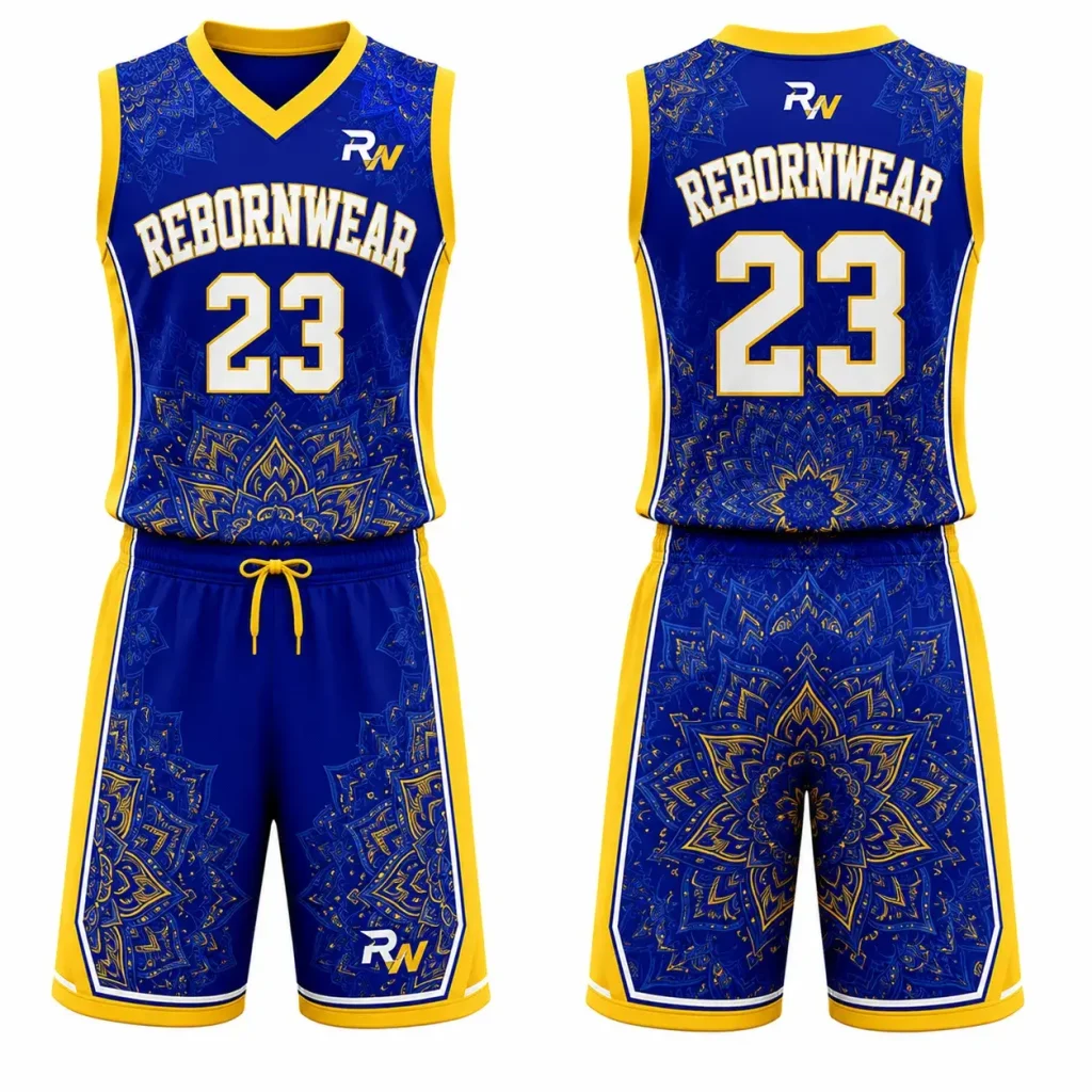 Royal blue yellow paisley sublimation basketball uniform by RebornWear