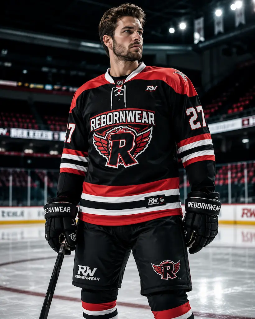 Red black men's ice hockey uniform by RebornWear