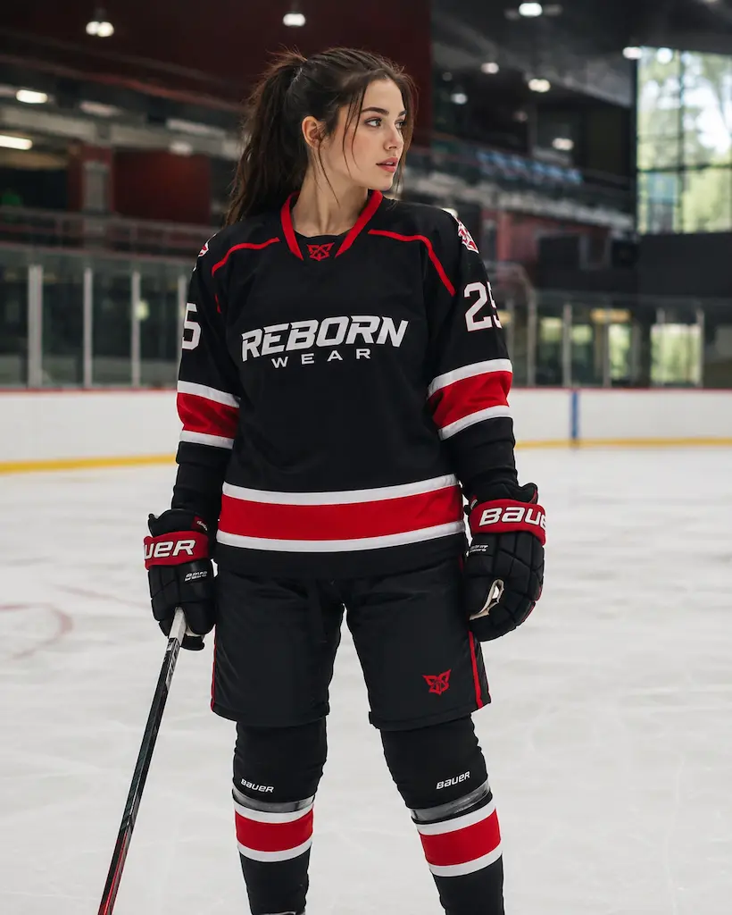 Red black women's ice hockey uniform by RebornWear