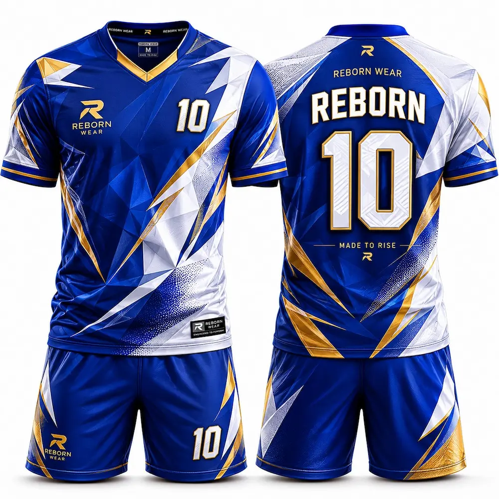 Royal blue polygon men's soccer kits by RebornWear