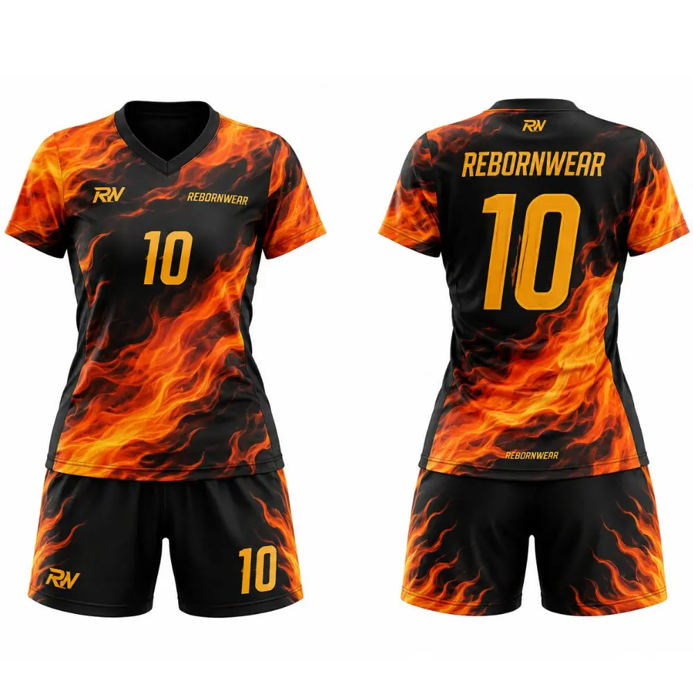 Orange flame sublimated women's soccer jerseys by RebornWear