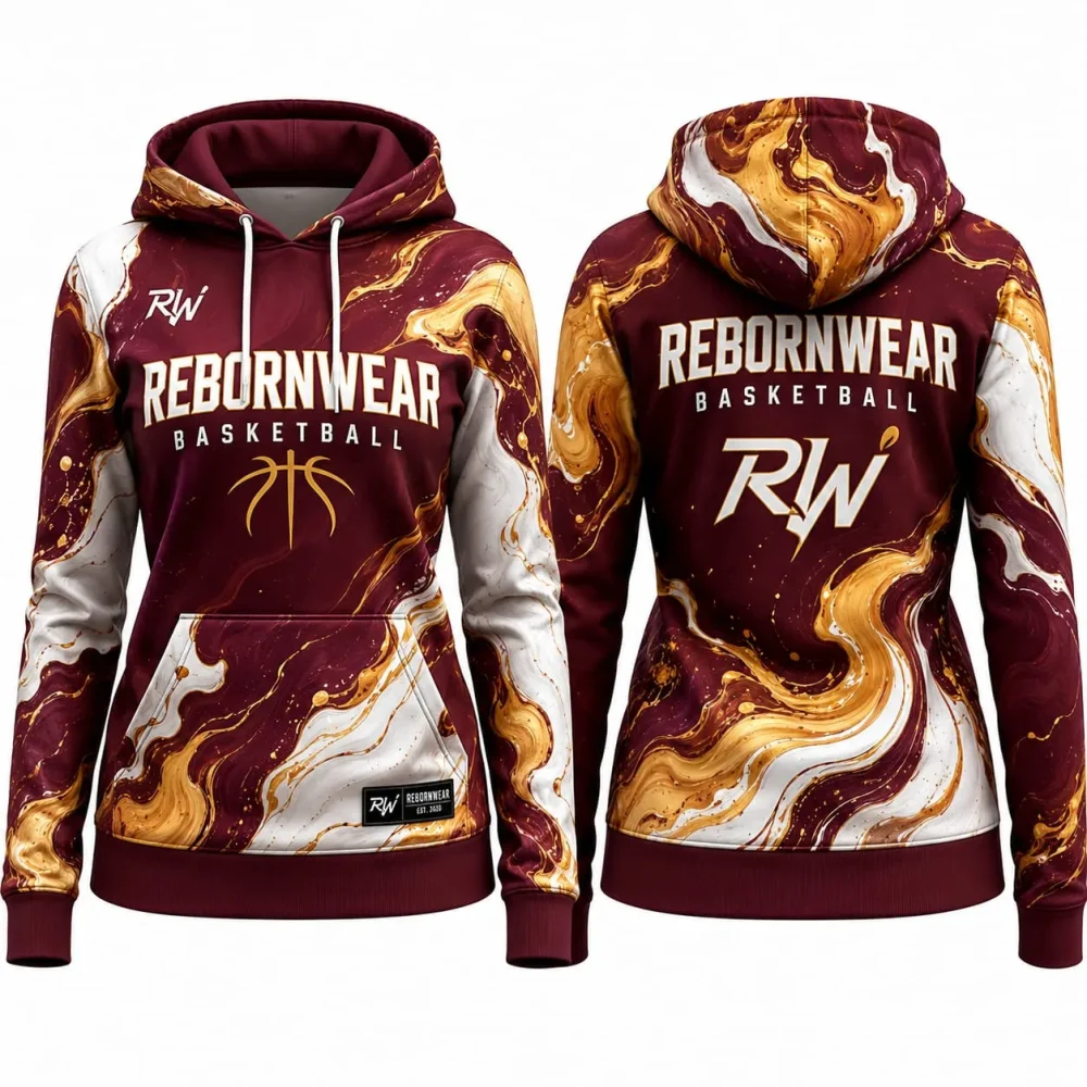 Women's basketball hoodie with full dye sublimation printing—RebornWear Pakistan factory-direct USA