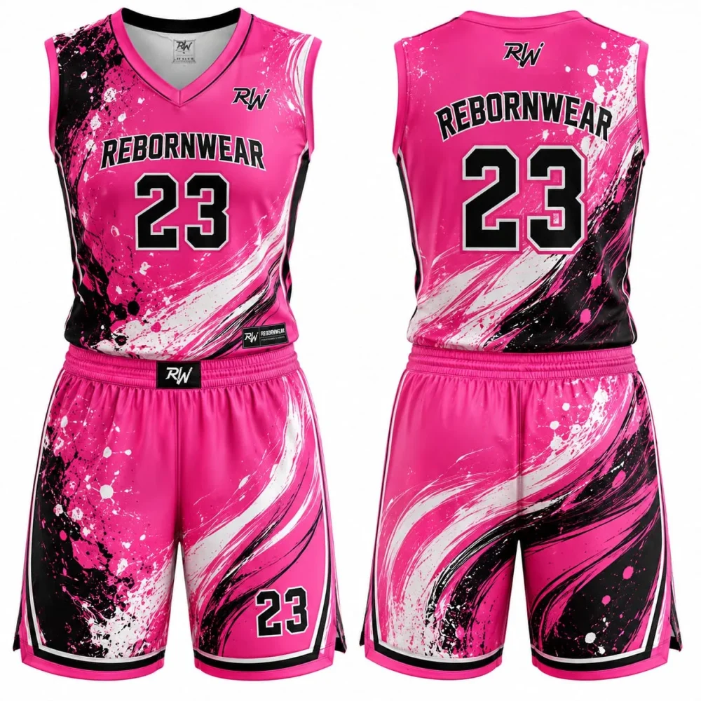 pink basketball uniforms with full dye sublimation printing—RebornWear Pakistan factory-direct USA