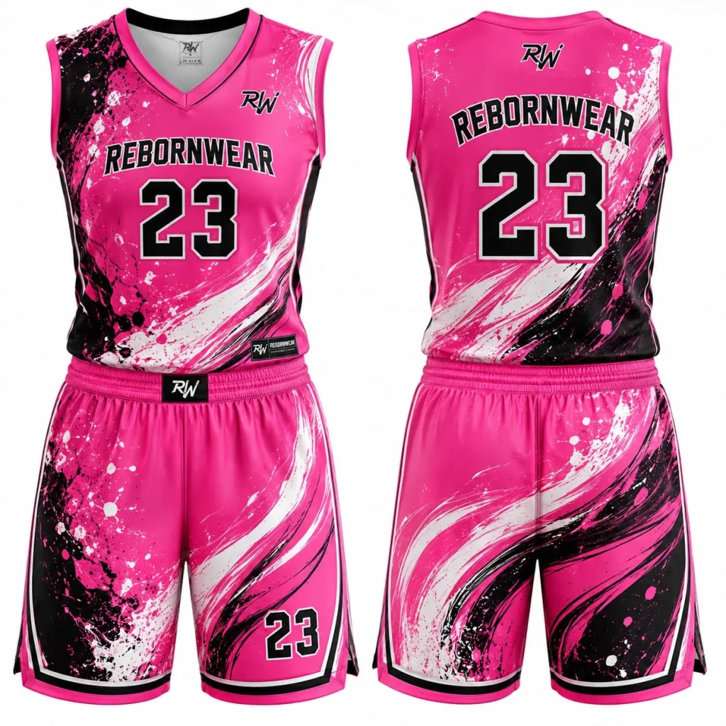 Pink women's basketball uniform with full dye sublimation by RebornWear