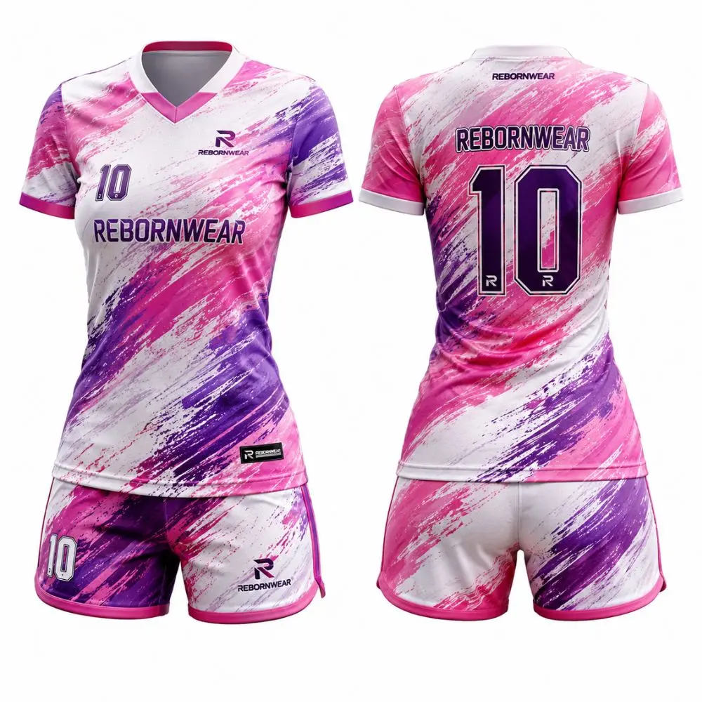 Pink purple brush stroke women's soccer uniforms by RebornWear