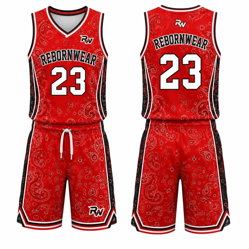 Youth basketball uniform in red black white paisley sublimation by RebornWear
