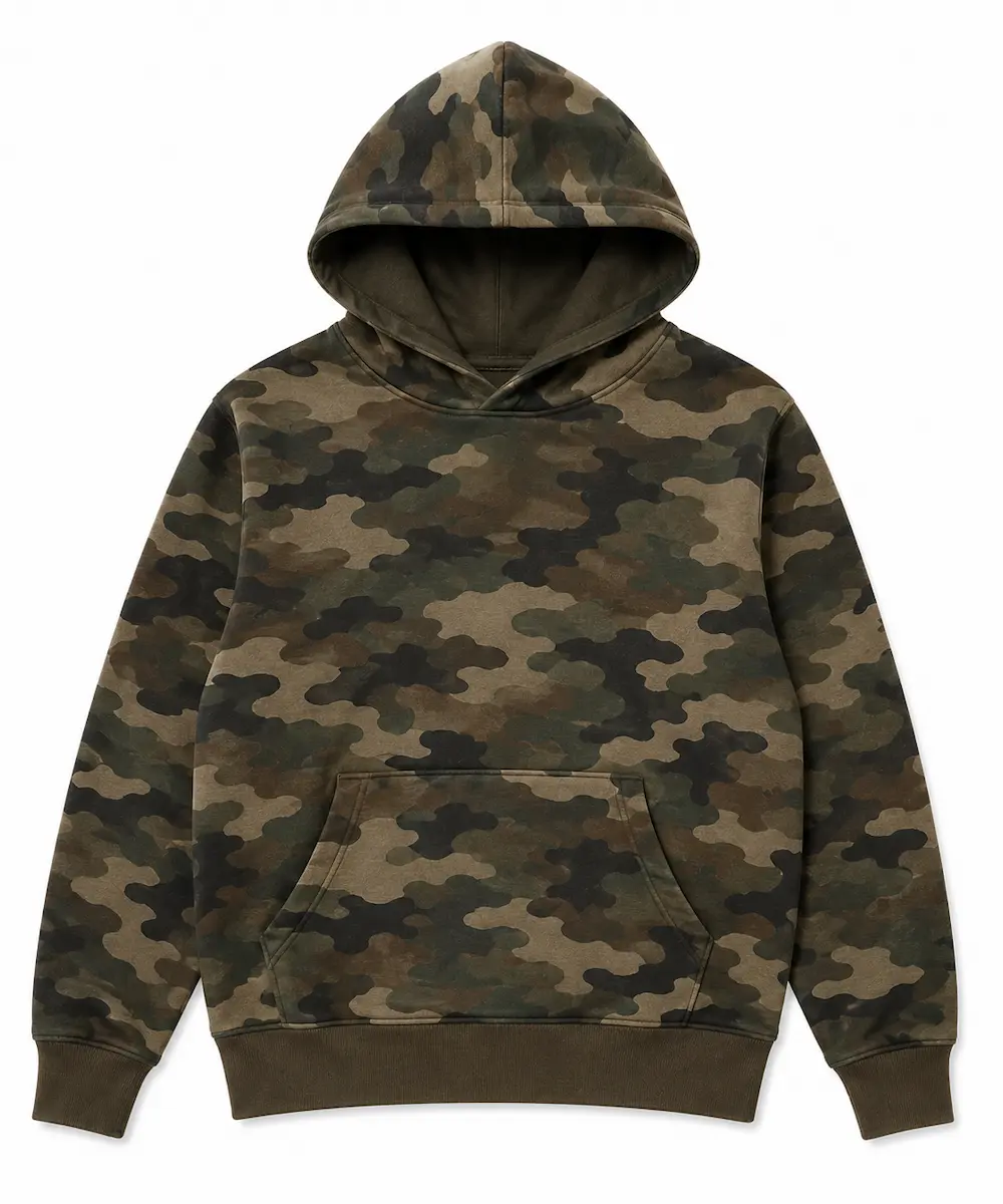 Blank camo hoodie manufacturer — private label production by RebornWear in Sialkot, Pakistan