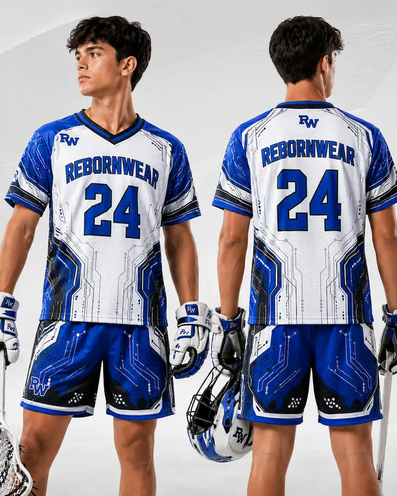 Blue and white custom lacrosse uniform by RebornWear