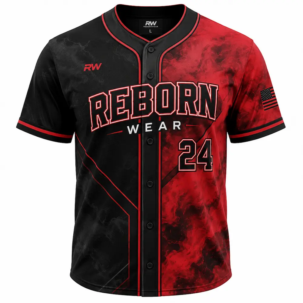 Custom baseball jersey in black and red marble design