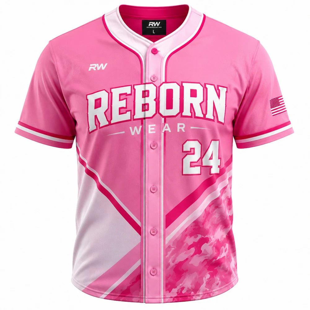 Custom baseball jersey in pink camo with USA flag patch
