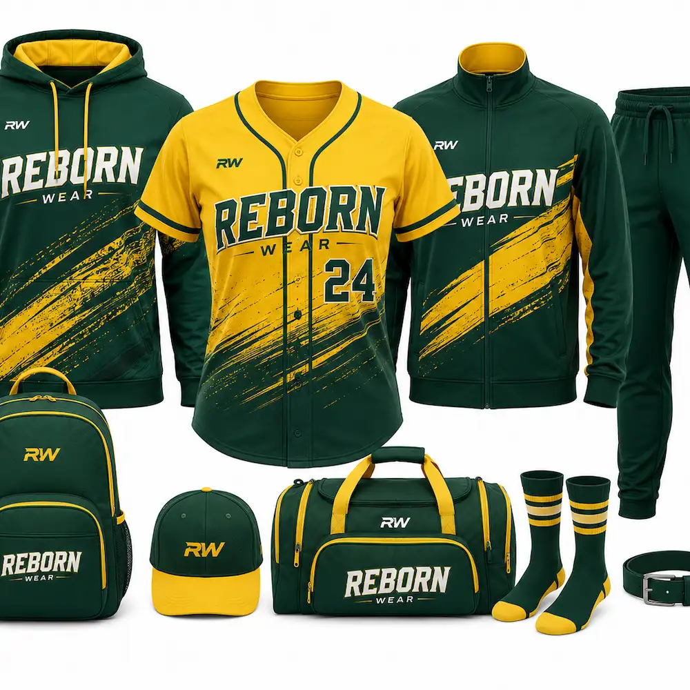 Custom baseball uniform team kit with jersey, hoodie, and gear by RebornWear