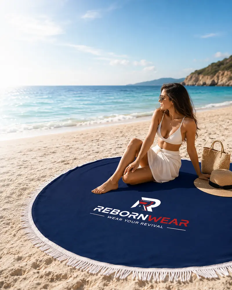 Round blue custom beach blanket with sand-resistant weave