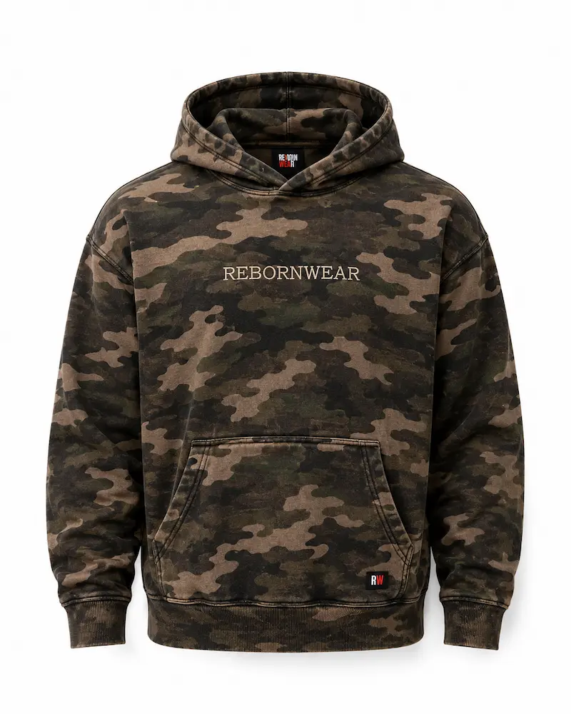 Custom camo hoodie manufacturer — sublimated all-over print by RebornWear in Sialkot, Pakistan