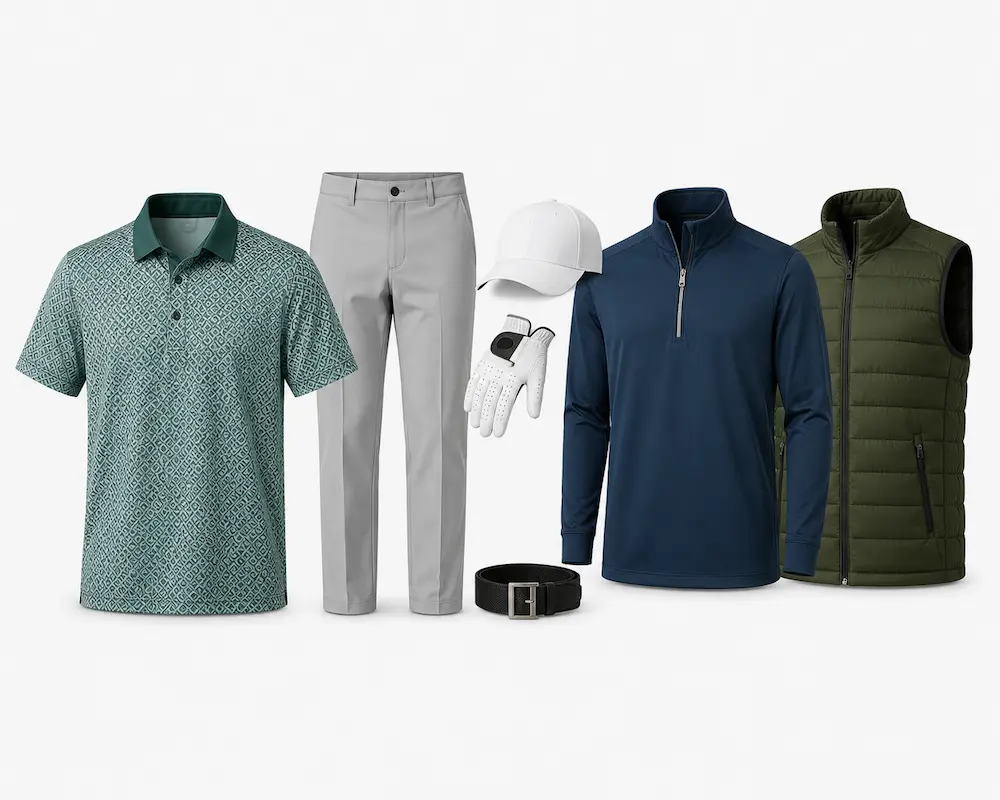 Complete custom golf uniform bundle including polo, pants, jacket, and vest