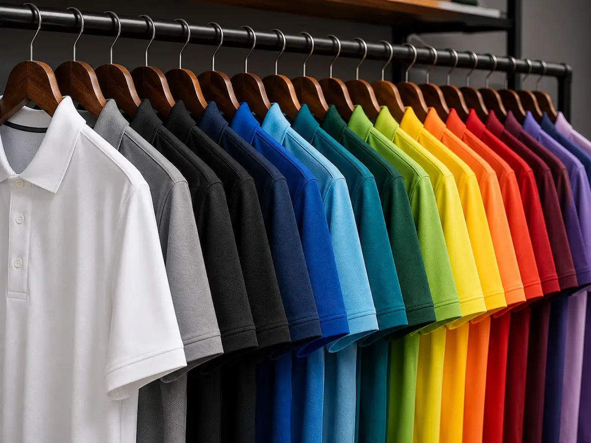 Rack of custom golf polos in multiple colors