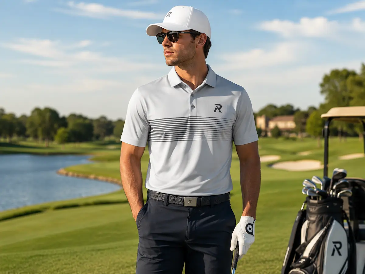 RebornWear custom golf polo on golf course