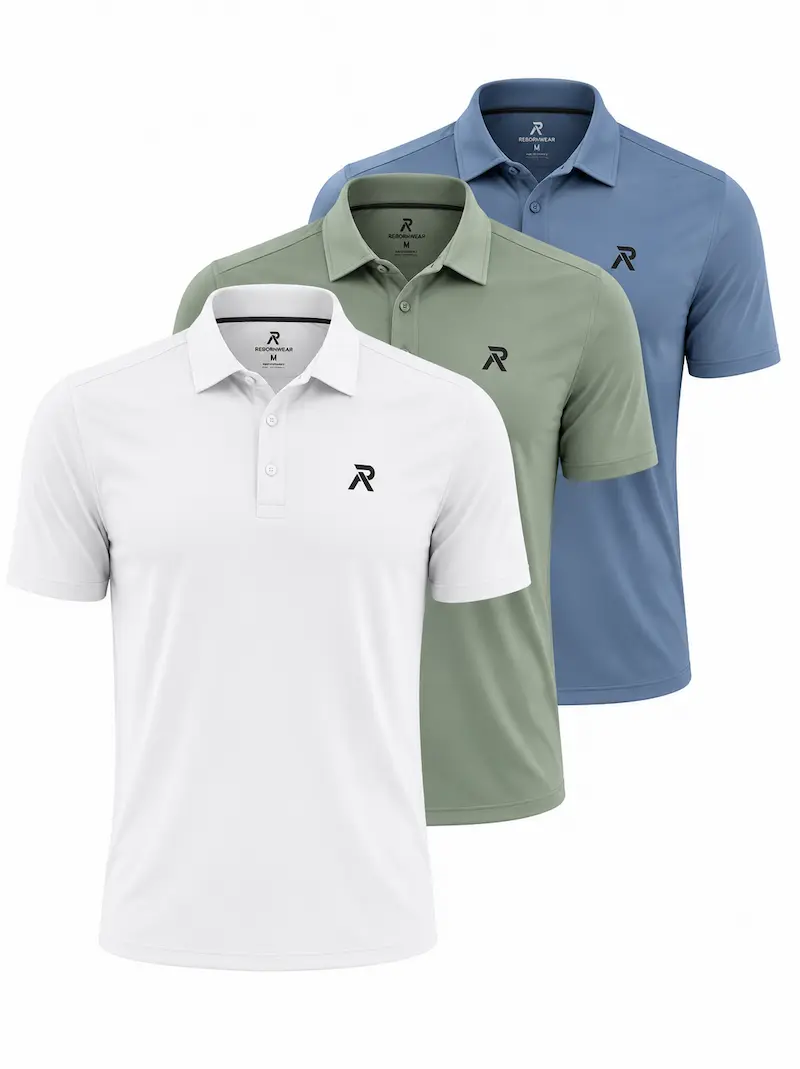 Custom golf polo shirts in navy, sage, and white