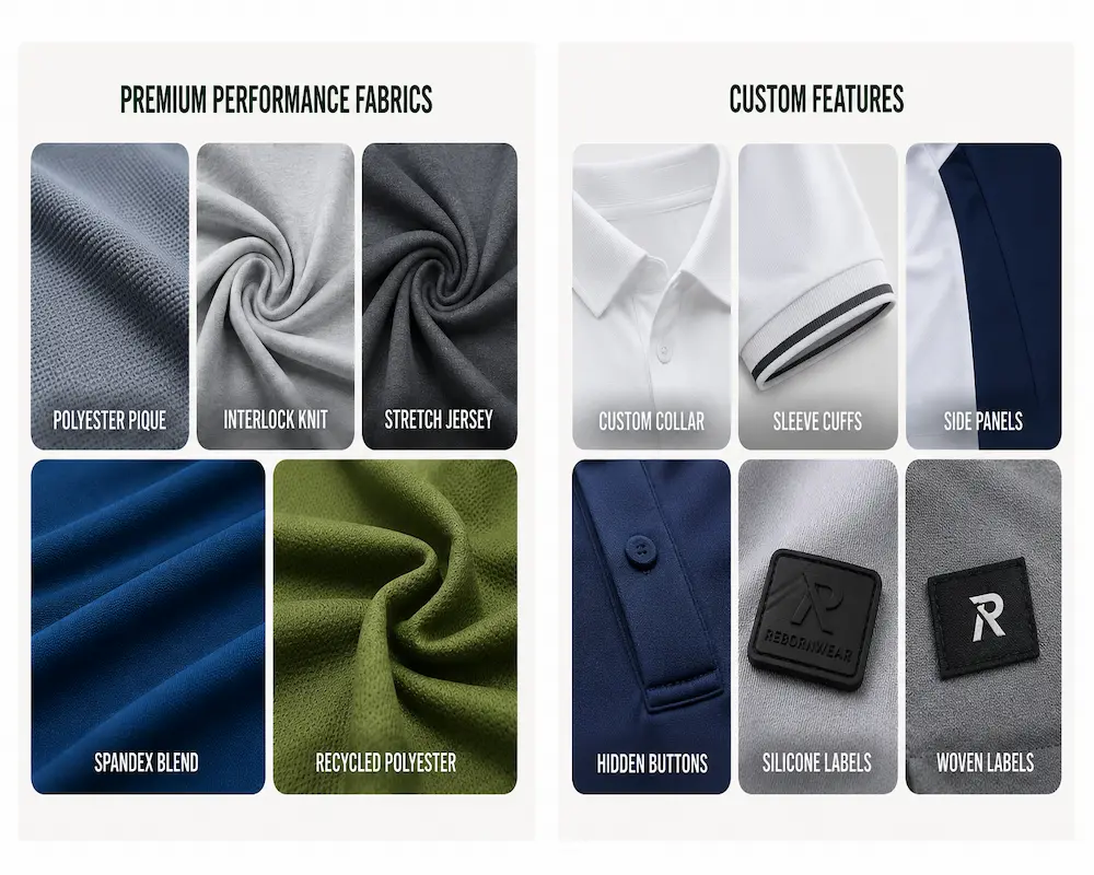 Close-up of premium golf apparel fabric swatches and custom accessory details