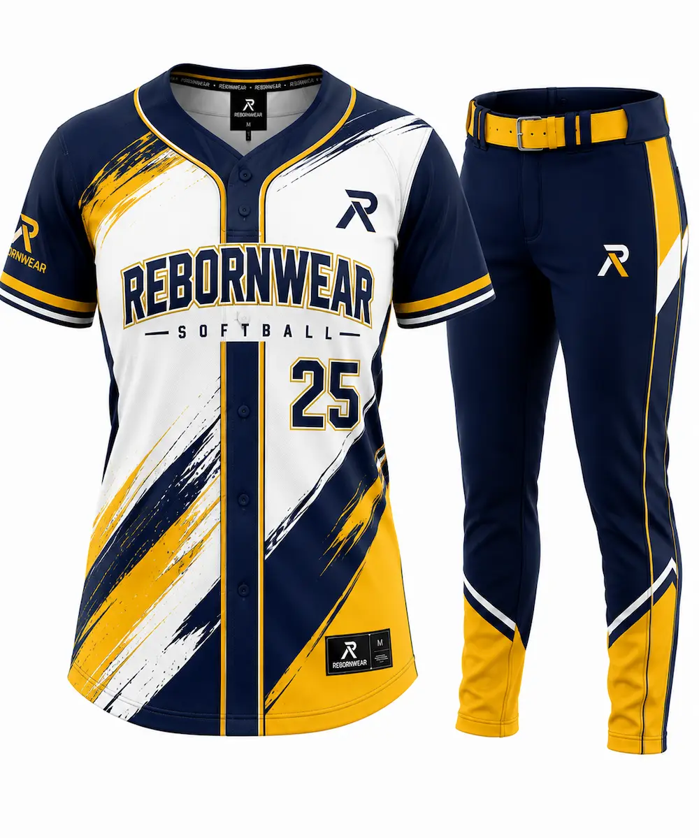 Custom softball uniform in bold solid team colors, sublimated design