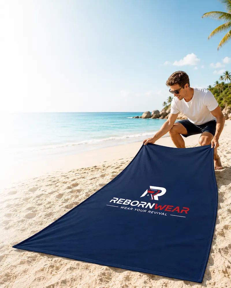 Large sand-resistant beach blanket with custom logo print