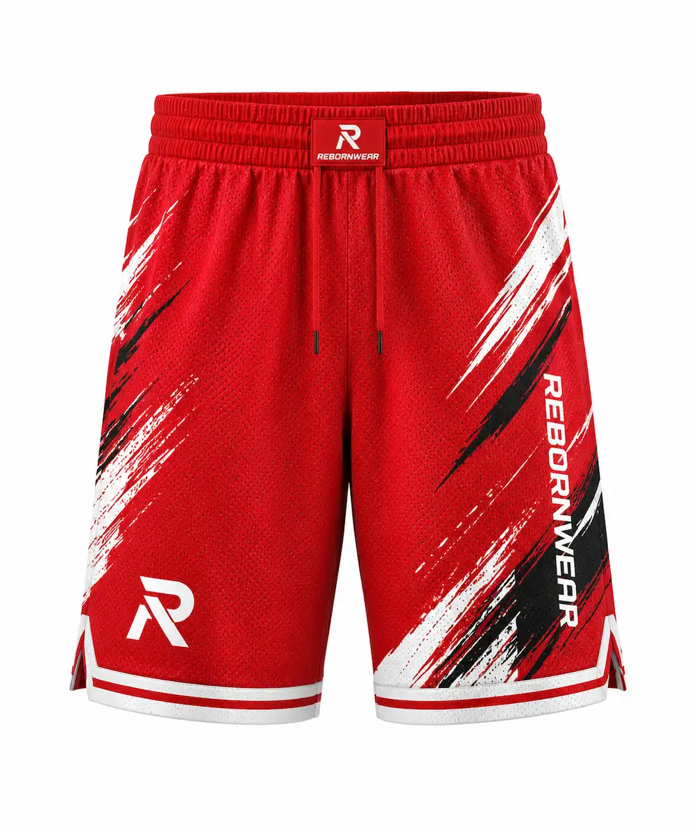 Red mesh basketball shorts by RebornWear