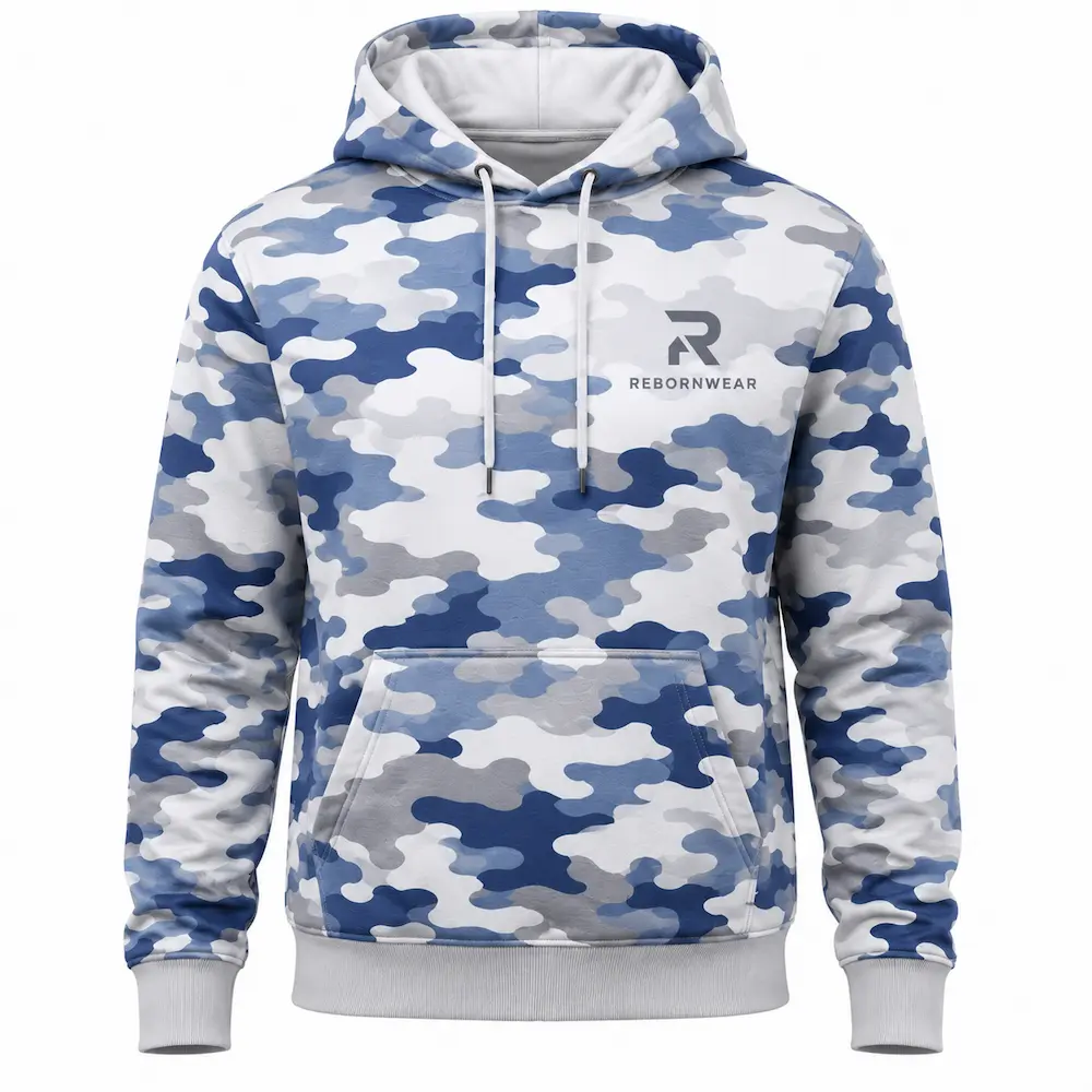 Custom men's camo hoodie manufacturer — private label production by RebornWear in Sialkot, Pakistan