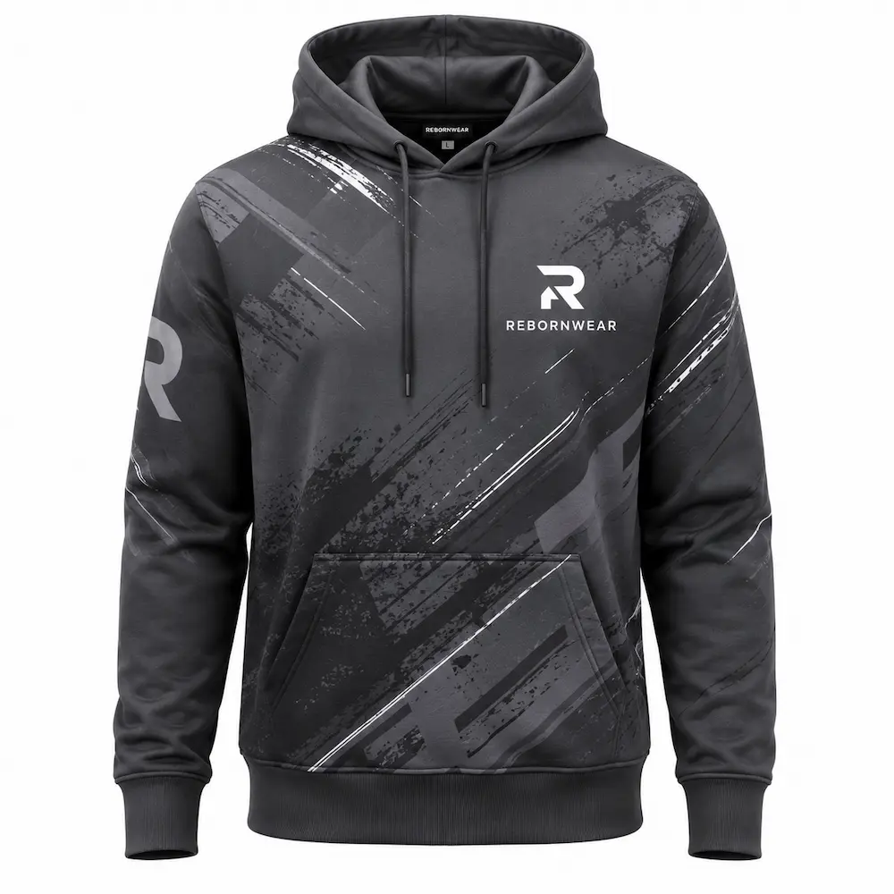 Custom men's graphic hoodie manufacturer — private label production by RebornWear in Sialkot, Pakistan