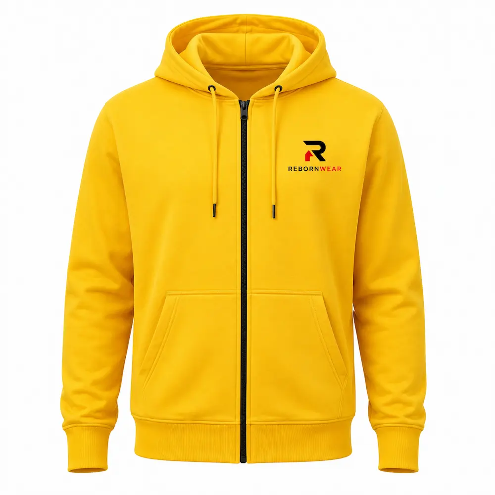 Custom men's zip-up hoodie manufacturer — private label production by RebornWear in Sialkot, Pakistan