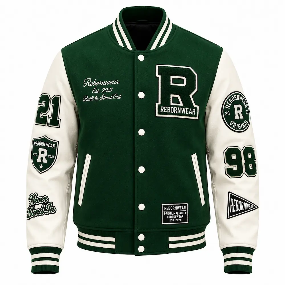 Men's leather-sleeve varsity jacket manufacturer by RebornWear