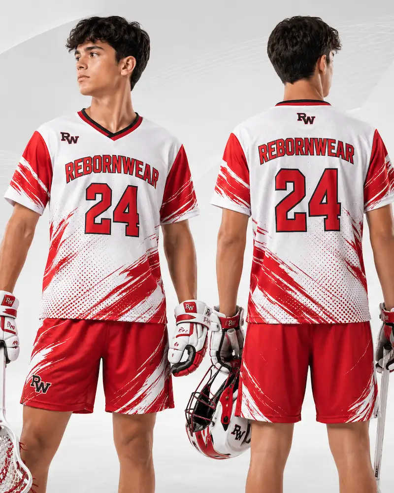 Red and white custom lacrosse uniform by RebornWear