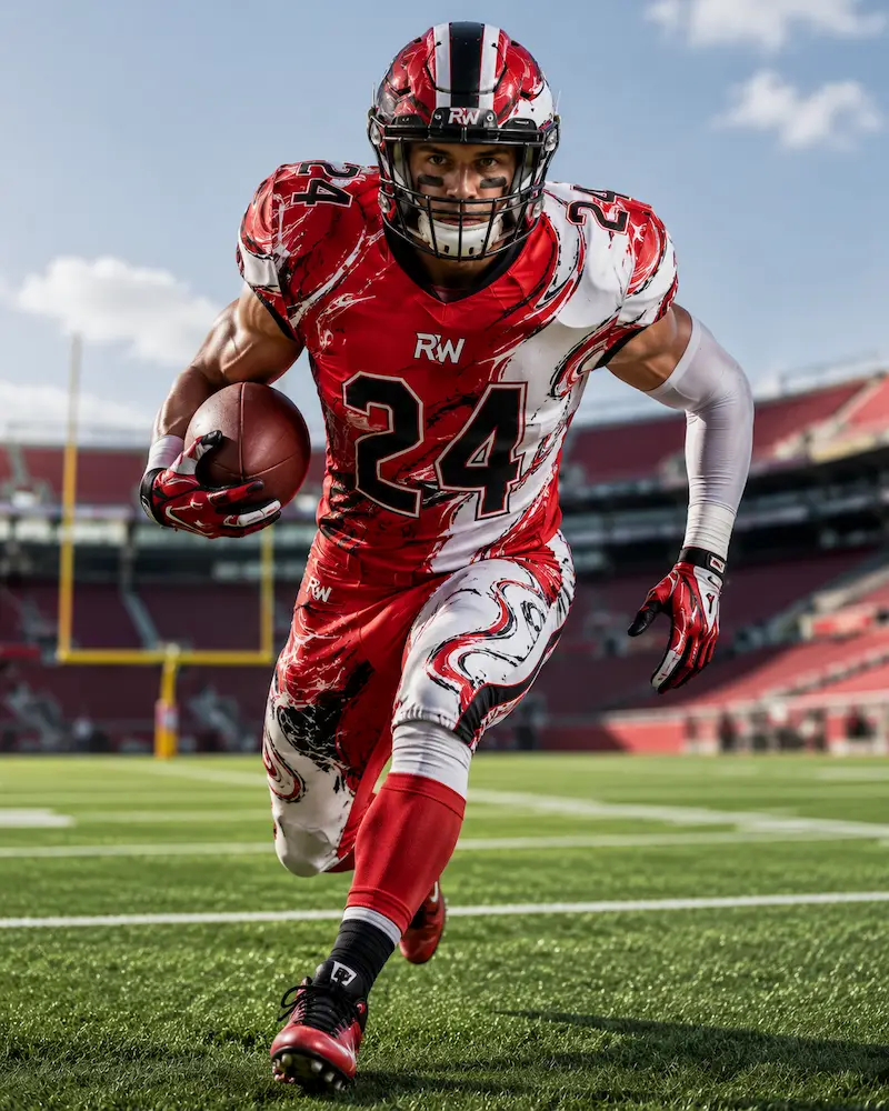 Custom red and white men's football uniform by RebornWear