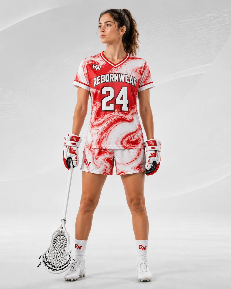 White and red custom lacrosse uniform by RebornWear