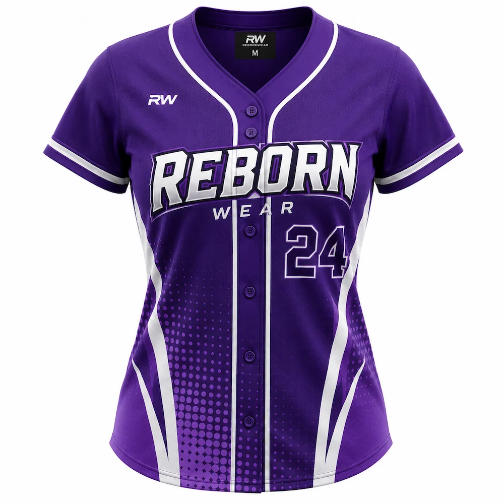 Women's custom baseball jersey in purple with halftone design