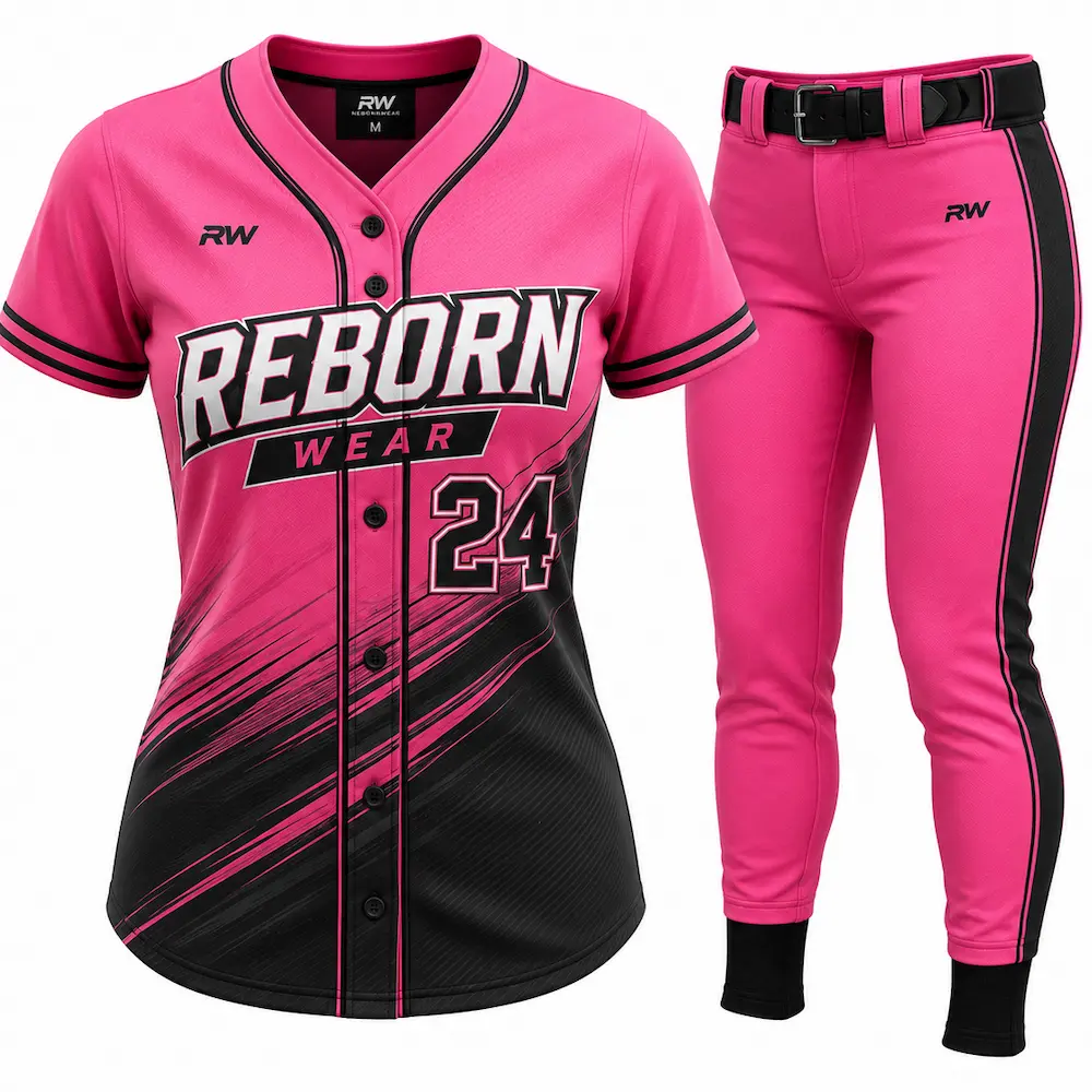 Women's custom baseball uniform jersey and pants in pink and black