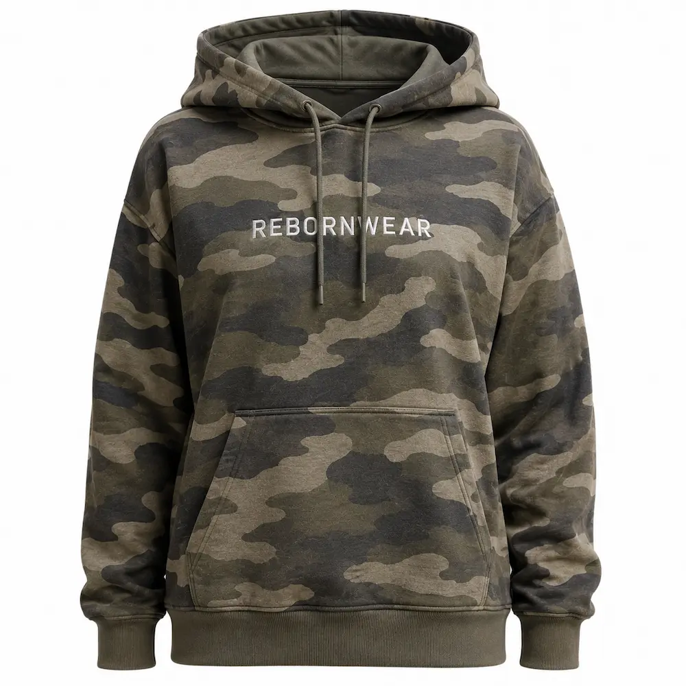 Custom women's camo hoodie manufacturer — private label production by RebornWear in Sialkot, Pakistan