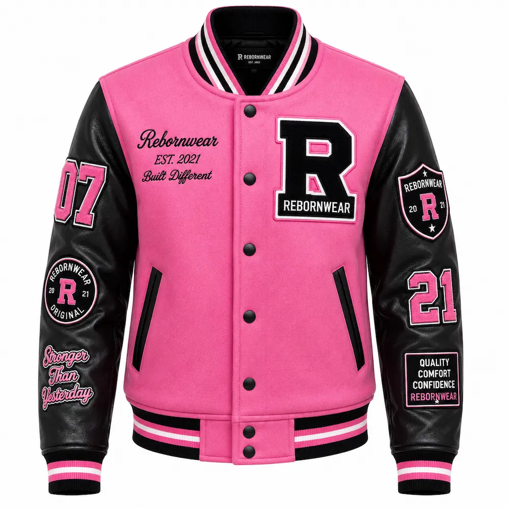 Women's leather-sleeve varsity jacket manufacturer by RebornWear