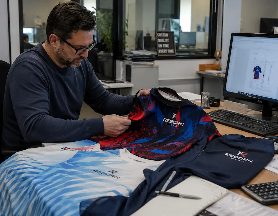 RebornWear team member reviewing a jersey design on screen at the Sialkot factory