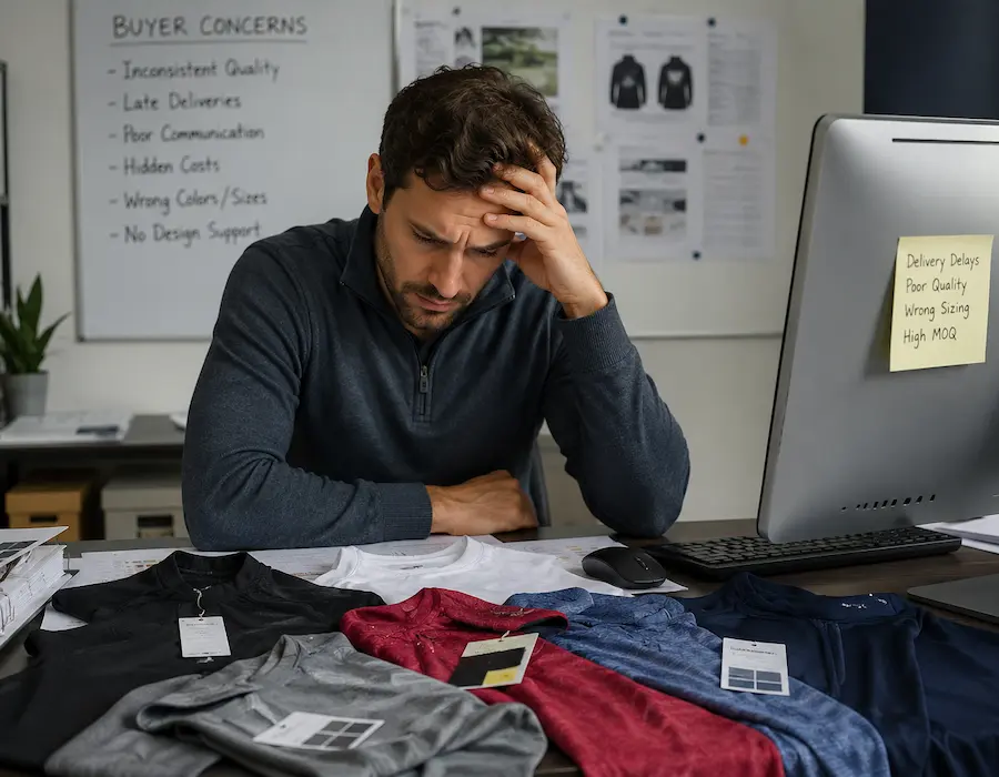 Buyer reviewing a delayed custom sportswear order