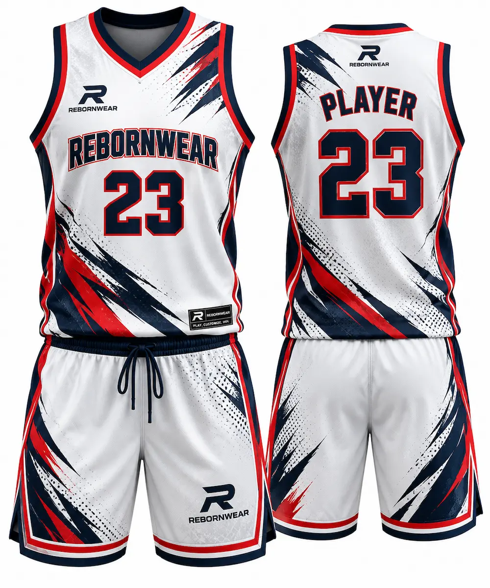 Full custom basketball uniforms with matching jersey and shorts by RebornWear