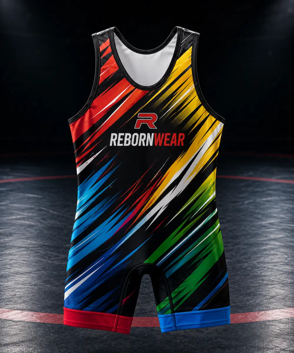Custom sublimated wrestling singlets with team logo, made factory-direct by RebornWear